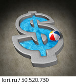 Financial relief and debt help concept as a dollar sign shaped swimming pool with fresh cool water in a hot dry sand desert as a money metaphor for economic salvation or drought symbol. Стоковое фото, агентство Ingram Publishing / Фотобанк Лори