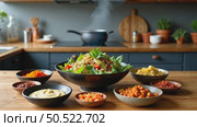 A modern kitchen island with a spread of international condiments. gochujang, tahini, harissa. surrounding a bowl of colorful food. Стоковое AI-видео, аниматор Sergey Grishin / Фотобанк Лори