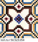 Watercolor illustration of portuguese ceramic tiles pattern. Single square tile. Стоковое фото, агентство Ingram Publishing / Фотобанк Лори