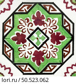 Watercolor illustration of portuguese ceramic tiles pattern. Single square tile. Стоковое фото, агентство Ingram Publishing / Фотобанк Лори