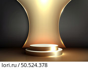 Luxury and elegance with this 3D realistic white and gold showcase podium featuring a golden backdrop on black background. Ideal for presenting your mockup products in a modern and stylish. vector illustrator . Стоковая иллюстрация, агентство Ingram Publishing / Фотобанк Лори