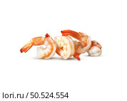 Close-up of four steamed tiger prawns isolated on white background. Healthy seafood. Copy space.. Close-up of four steamed tiger prawns isolated on white. Стоковое фото, агентство Ingram Publishing / Фотобанк Лори
