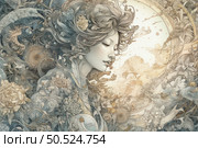 A detailed fantasy illustration depicting a female profile surrounded by dense swirls of plants, flowers and organic forms. The heroine's hair intertwines with petals and shoots, forming a living wreath in which the line between nature and man is lost. The color palette is soft and muted, with a predominance of beige, blue-gray and golden tones. The atmosphere of the image is poetic, refined and filled with symbolism. Suitable for themes of nature, inner world, fantasy, botany, femininity and art decor. Стоковое AI-изображение, AI-художник Анна Кривицкая / Фотобанк Лори
