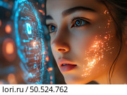A futuristic cyberpunk style illustration or photograph of a young woman's face looking at an interactive digital interface. Neon circuits reminiscent of an electronic network glow on her skin, and holographic interface elements are visible in the reflection. The image symbolizes the fusion of man and technology, artificial intelligence, augmented reality, and the future of digital interaction. Perfect for AI, high tech, cybersecurity, neural networks, and the future. Стоковое AI-изображение, AI-художник Анна Кривицкая / Фотобанк Лори