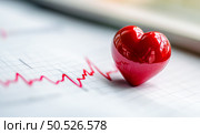 A red heart-shaped figure on a medical ECG graph, symbolizing love, health, and vitality in the context of healthcare. Стоковое AI-изображение, AI-художник Катерина Бондарец / Фотобанк Лори