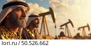 Middle Eastern men in traditional attire stand near oil pumps at sunset, symbolizing wealth, energy industry and economic power in oil-rich regions. Стоковое AI-изображение, AI-художник Катерина Бондарец / Фотобанк Лори