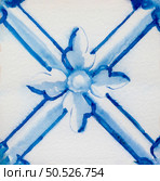 Watercolor illustration of portuguese ceramic tiles pattern. Single square tile. Стоковое фото, агентство Ingram Publishing / Фотобанк Лори