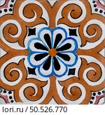 Watercolor illustration of portuguese ceramic tiles pattern. Single square tile. Стоковое фото, агентство Ingram Publishing / Фотобанк Лори