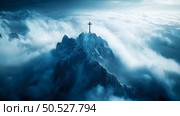 Majestic Cross Atop a Snowy Mountain Peak Above Cloudscape. Стоковое AI-изображение, AI-художник Данила Большаков / Фотобанк Лори