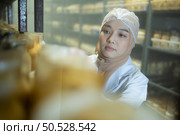 Young asian muslim female scientist doing research at a mushroom factory, examining mushroom leavening agent in a sterile and temperature-controlled room. Стоковое фото, агентство Ingram Publishing / Фотобанк Лори