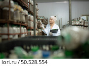 Young asian muslim female scientist doing research at a mushroom factory, examining mushroom leavening agent in a sterile and temperature-controlled room. Стоковое фото, агентство Ingram Publishing / Фотобанк Лори