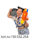 Portrait lovely woman in floral shirt and short jeans holding water gun and loudspeak, enjoy with music on white background, Happily girl with Songkran festival, Thailand culture Thai’s new year day. Стоковое фото, агентство Ingram Publishing / Фотобанк Лори