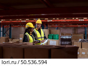 Warehouse foreman and employees Check the imported products in the central warehouse. before delivering to each region’s distribution centers. Стоковое фото, агентство Ingram Publishing / Фотобанк Лори