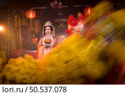 Chinese woman with yellow and red lions It is considered to enhance the prosperity for oneself on the occasion of the Chinese New Year festival every year and in Chinese, it means prosperous, fortunate, happy, prosperous. Стоковое фото, агентство Ingram Publishing / Фотобанк Лори