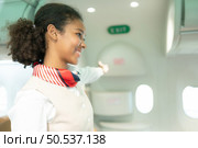 Flight attendants show how to use safety devices and recommend emergency exits. Стоковое фото, агентство Ingram Publishing / Фотобанк Лори