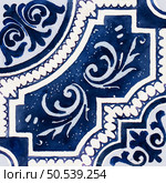 Watercolor illustration of portuguese ceramic tiles pattern. Single square tile. Стоковое фото, агентство Ingram Publishing / Фотобанк Лори