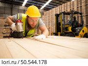 Young workers working in a woodworking factory, Using a nailing machine to assemble wooden pallets. Стоковое фото, агентство Ingram Publishing / Фотобанк Лори