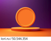 Showcase your products in style with this 3D realistic orange podium product display mockup on violet wall background. Perfect for Halloween-themed products, or any product that needs a vibrant and eye-catching display. Vector illustration. Стоковая иллюстрация, агентство Ingram Publishing / Фотобанк Лори