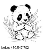 Cute panda bear with bamboo leaves. Black and white vector illustration. Стоковая иллюстрация, агентство Ingram Publishing / Фотобанк Лори