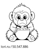 Monkey with bowl of corn. Black and white vector illustration. Стоковая иллюстрация, агентство Ingram Publishing / Фотобанк Лори