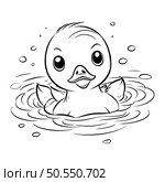 Duckling swimming in the water. Black and white vector illustration. Стоковая иллюстрация, агентство Ingram Publishing / Фотобанк Лори