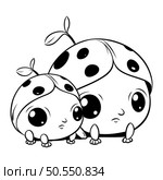 Cute ladybug with baby. Black and white vector illustration. Стоковая иллюстрация, агентство Ingram Publishing / Фотобанк Лори