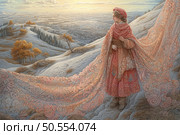 An art illustration in the style of fairy-tale painting depicts a girl in luxurious traditional clothing standing on a snow-covered hill. Her outfit is decorated with an exquisite pattern with oriental and Slavic motifs, and a long cape seems to flow into the landscape, creating a sense of unity with nature. In the background, endless hills covered with the first frost, under the soft light of the setting sun, stretch out. The picture is filled with silence, solemnity and the atmosphere of a Russian fairy tale, ideal for the themes of folk culture, nature, ethnic fashion and fantasy. Стоковое AI-изображение, AI-художник Анна Кривицкая / Фотобанк Лори