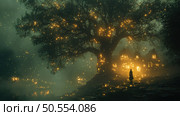 A fantastic night scene with a huge tree dotted with many fireflies or magical lights, standing near a mysterious house with brightly lit windows. A lonely human figure walks along a stone path leading to the house, surrounded by thick fog and forest shadow. The atmosphere of the image is filled with mystery, magic and a sense of an upcoming adventure. Perfect for fantasy, magic, fairy tales, night nature and mystical themes. Стоковое AI-изображение, AI-художник Анна Кривицкая / Фотобанк Лори