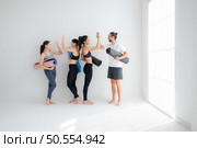 A group of female and male athletes stood and chatted amicably in the studio before beginning with the yoga class. Стоковое фото, агентство Ingram Publishing / Фотобанк Лори