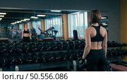 Rear view of young female doing exercises in gym.Sportwear. Стоковое фото, агентство Ingram Publishing / Фотобанк Лори