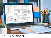 Digital and paper wireframe designs for web or mobile app UI UX display on laptop computer screen. Panoramic shot of developer workspace for brainstorming and design application framework. Стоковое фото, агентство Ingram Publishing / Фотобанк Лори