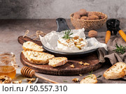 Brie type of cheese. Camembert cheese. Fresh sliced Brie cheese on a wooden tray with nuts, honey and leaves. Italian, French cheese. Стоковое фото, агентство Ingram Publishing / Фотобанк Лори