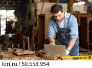 Carpenter working on laptop in his workshop at a woodworking factory. Стоковое фото, агентство Ingram Publishing / Фотобанк Лори