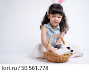 Smiling little girl and with their beloved fluffy rabbit, showcasing the beauty of friendship between humans and animals. Стоковое фото, агентство Ingram Publishing / Фотобанк Лори