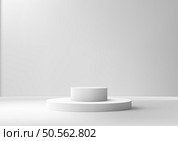 3D white podium stair with a light shines on it, against a white wall background, Minimal style, product display, mockup, showroom, showcase. Стоковая иллюстрация, агентство Ingram Publishing / Фотобанк Лори