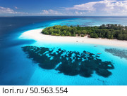 Aerial view of blue sea and amazing Mnemba island, Zanzibar. Top view of white sandy beach, green trees, palms, ocean with clear azure water on summer sunny day. Tropical landscape. Exotic. Travel. Стоковое фото, агентство Ingram Publishing / Фотобанк Лори