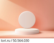 A minimalist white podium design featuring a circular backdrop with a soft peach backdrop. Sunlight adds a warm glow to the scene, showcasing products, mockups, presentations, and showrooms. Стоковая иллюстрация, агентство Ingram Publishing / Фотобанк Лори