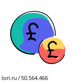 A playful and colorful illustration of two British Pound symbols. The larger symbol is enclosed in a blue circle with green and white accents. while the smaller symbol sits within a red circle with yellow and white accents. This design is perfect for adding a touch of fun and vibrancy to financial themes. social media. or presentations. Стоковая иллюстрация, агентство Ingram Publishing / Фотобанк Лори