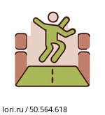 A simple and playful icon depicting a person jumping over a gap. Perfect for illustrating concepts of overcoming obstacles. success. and achieving goals. Стоковая иллюстрация, агентство Ingram Publishing / Фотобанк Лори