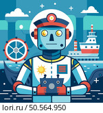 A friendly. blue robot captain in a white uniform with a red cap stands on a ships deck. holding a device with two large eyes. A cartoon ship with a red hull and white cabin sails in the background. This illustration is perfect for representing AI. automation. and the future of maritime technology. Стоковая иллюстрация, агентство Ingram Publishing / Фотобанк Лори