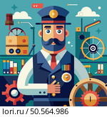 A captain in a navy uniform. with a red tie and a compass pin. stands in front of a ships wheel with a bold. flat design. Стоковая иллюстрация, агентство Ingram Publishing / Фотобанк Лори