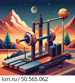 Abstract futuristic machine with geometric shapes and vibrant colors. set against a surreal landscape. This image can be used for projects related to technology. innovation. and science fiction. Стоковая иллюстрация, агентство Ingram Publishing / Фотобанк Лори