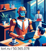 A humanoid robot sits at a desk working on a laptop. with a businessman looking on in a modern office setting.  The robot is dressed in a business suit. reflecting the integration of artificial intelligence into professional environments. Стоковая иллюстрация, агентство Ingram Publishing / Фотобанк Лори