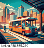 A vintage bus drives past a cityscape backdrop in a vibrant. stylized illustration. This image is perfect for transportation. travel. and urban design projects. Стоковая иллюстрация, агентство Ingram Publishing / Фотобанк Лори