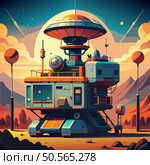 A futuristic. cartoon style illustration of a space station on an alien planet. featuring a vibrant sunset and mountainous landscape. The station is detailed with windows. antennas. and a landing pad. showcasing an imaginative vision of space exploration. Стоковая иллюстрация, агентство Ingram Publishing / Фотобанк Лори