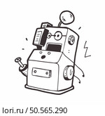 A whimsical. hand drawn illustration of a friendly robot with big eyes. a surprised expression. and various gadgets. Perfect for adding a fun. quirky touch to projects related to technology. AI. and innovation. Стоковая иллюстрация, агентство Ingram Publishing / Фотобанк Лори