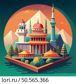 A vibrant and stylized illustration of a city skyline featuring minarets. a mosque. and a mountain range. The bold colors and geometric shapes create a modern and eye catching design. Стоковая иллюстрация, агентство Ingram Publishing / Фотобанк Лори