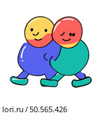 Two cheerful. colorful characters walking side by side. perfect for representing friendship. teamwork. or togetherness. This playful illustration adds a touch of whimsy to any design. Стоковая иллюстрация, агентство Ingram Publishing / Фотобанк Лори