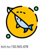 A bold and colorful icon depicting a fish caught on a line. enclosed within a circular yellow frame. This playful and vibrant design is perfect for websites. apps. and presentations related to fishing. seafood. and aquatic themes. Стоковая иллюстрация, агентство Ingram Publishing / Фотобанк Лори