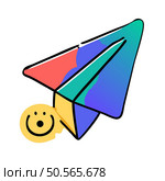 A playful and colorful paper airplane icon with a smiley face. perfect for representing positive communication. happy news. or lighthearted messages. Стоковая иллюстрация, агентство Ingram Publishing / Фотобанк Лори